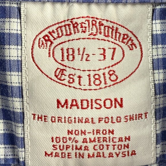 Brooks Brothers Non-Iron Cotton Check Button-Down 18.5 37 Madison Blue Shirt - Picture 9 of 13